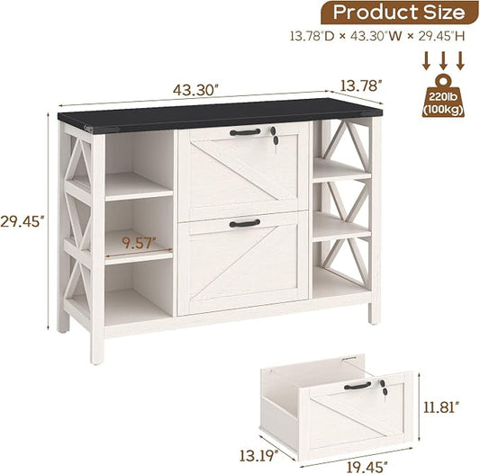 Halitaa 44" Lateral File Cabinet with Adjustable Shelves, Farmhouse 2 Drawer Filing Cabinet with Lock for Legal/A4/Letter, Wooden Printer Stand Office Furniture for Home Office, White and Black