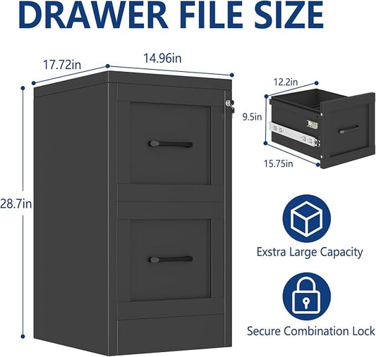 Ckzbx 2 Drawer File Cabinet with Lock, Narrow Vertical Filing Cabinet, Under Desk File Cabinets,Black Metal File Cabinets for Home Office,Fit Letter/A4/Legal Size File