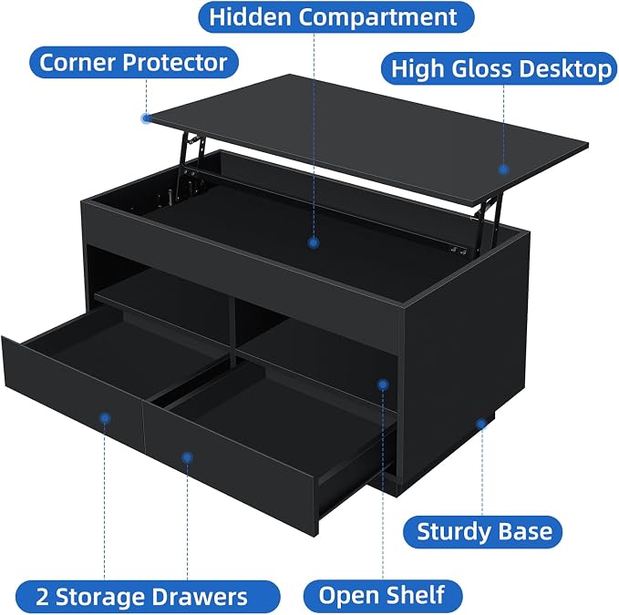 HOMMPA 40'' LED Coffee Table Morden with High Gloss Black Lift Top Dining Table with Hidden Storage Living Room 4 Tiers Tea Table Center Tables Hidden Compartment & 2 Open Shelve & 2 Drawers