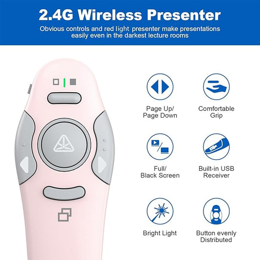 QUI Presentation Clicker Wireless Presenter Remote Clicker for PowerPoint Presentation Remote, PowerPoint Slide Advancer for Mac/Windows/Google Slide/Keynote, Pink, A