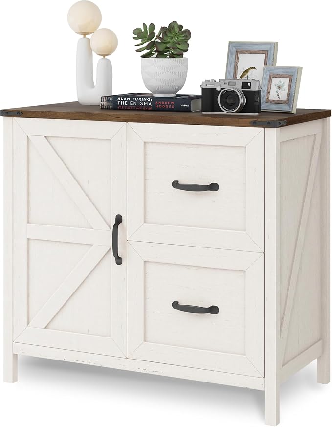 Halitaa Lateral File Cabinet with 2 Drawers, Farmhouse File Cabinet for Letter/A4 Size Hanging Files, Large Wood File Storage Cabinets Printer Stand for Home Office Furniture, Rustic White