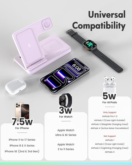 Wireless Charger Stand Charging Station: 3 in 1 Charger Multiple Devices for Apple iPhone 17 16e 16 15 14 Pro Max 13 12 11 for Watch 11 10 9 8 7 6 5 4 3 2 SE and Ultra & Airpods Series, Light Violet