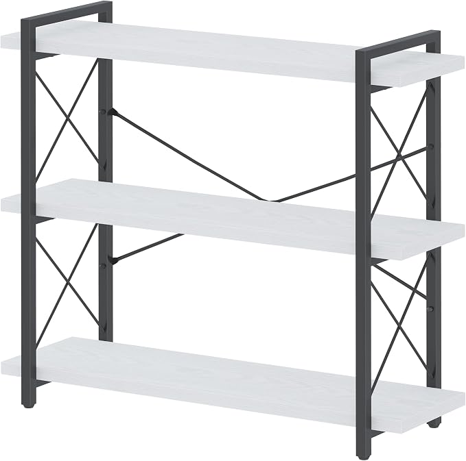 HCHQHS Bookshelf, 3-Tier Industrial Bookcase, Open Book Shelf, Freestanding Horizontal Bookshelves with Metal Frame
