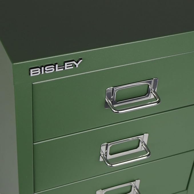 Bisley 3-Drawer Steel MultiDrawer Cabinet - Olive Green | Chrome Pull Handles with Label Holders, Powder-Coated Steel, Removable Drawers, Desktop Storage, Labels Included