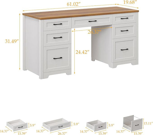 Vabches Farmhouse 61'' Executive Desk with 7 Drawers, Rustic Office Desk Computer Table with File Drawers, Wood Workstation for Study and Home Office,Unique White