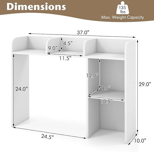 LDAILY Desktop Shelf, Multipurpose Wood Desk Hutch for Max 27" Computer Monitor, Countertop Storage Hutch with 5 Shelves, 3 Tier Desktop Display Rack for Dorm Office Home (White)