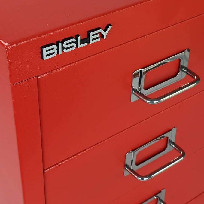 Bisley 3-Drawer Steel MultiDrawer Cabinet - Cardinal Red | Chrome Pull Handles with Label Holders, Powder-Coated Steel, Removable Drawers, Desktop Storage, Labels Included