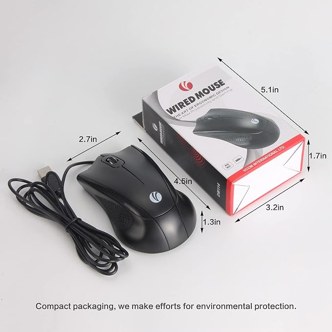 VCOM Wired USB Mouse with 6-Foot Cord, 1200 DPI, Right or Left Hand Use, Ergonomic Design, Black