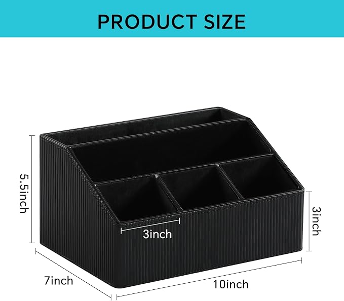 Desk Organizer Caddy with 5 Compartments for Office Art Supplies, PU Leather Nightstand Organizer Pencil Pen Desk Caddy for Home, Desktop TV Remote Control Holder Storage (Striped Black)