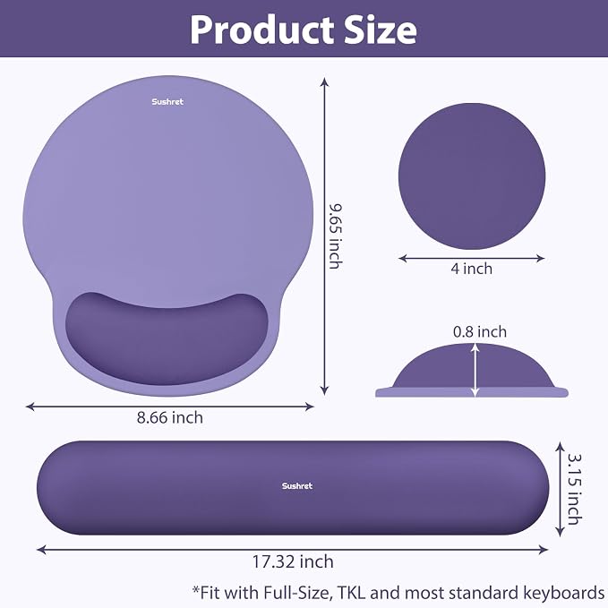 Sushret Mouse Pad and Keyboard Wrist Rest, 3-in-1 Gel Memory Foam Ergonomic Mouse Pad with Wrist Rest Set, Gaming Mousepad Arm Cushion Support for Computer Office Desk Accessories Cute Setup, Purple
