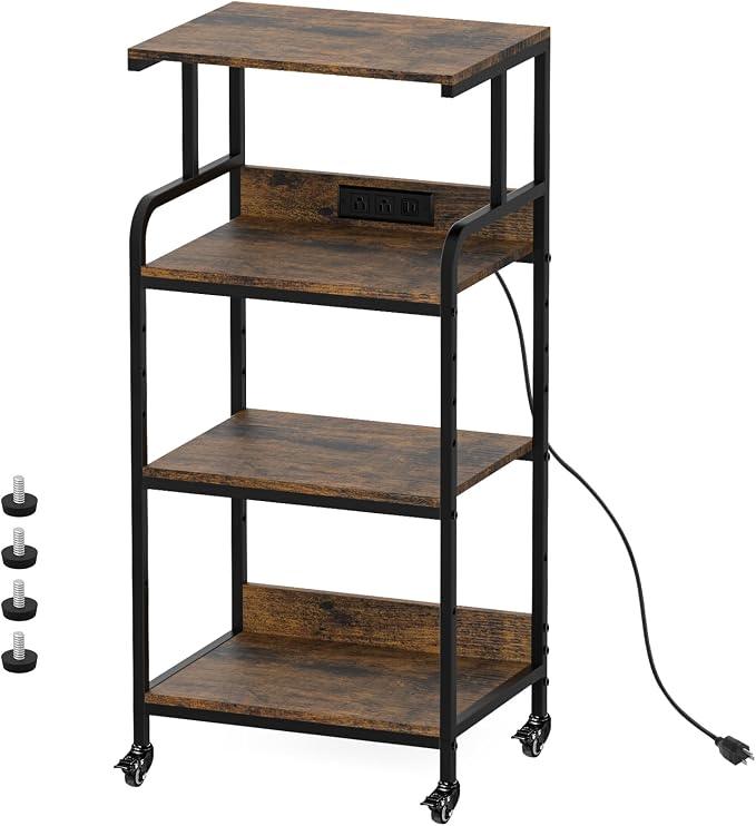 Rustic Brown 4 Tier Adjustable Mobile Printer Stand Rolling Cart | Tall space saving design for small home office holds scanner cricut heat press fax machine and various desktop equipment