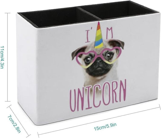 Niapessel Pencil Holder for Desk, Cute Pugs And Unicorns Pen Holder Storage Desktop Pen Organizer Desk Pencil Organizer Makeup Brush Holder for Office School College Leather