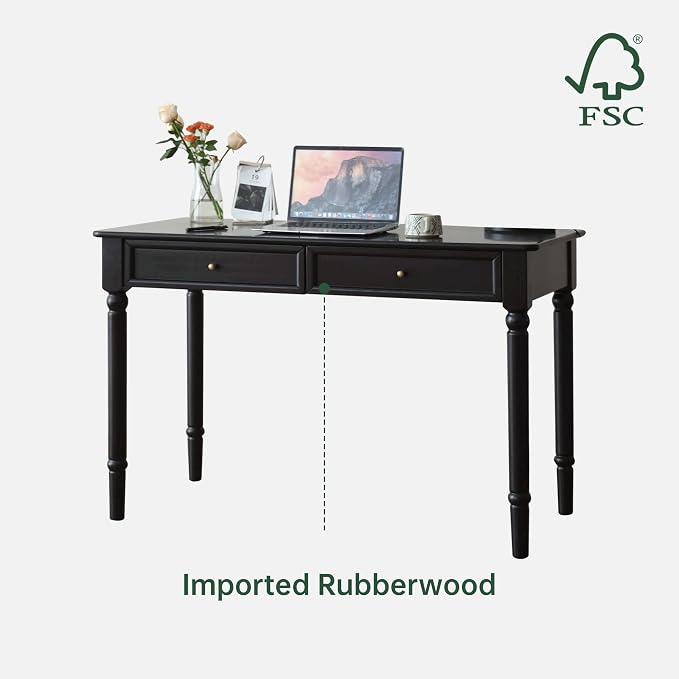 Solid Wood Computer Desk with Double Drawers, Black Vintage Rubber Wood Writing Desk for Home Office 47.2"