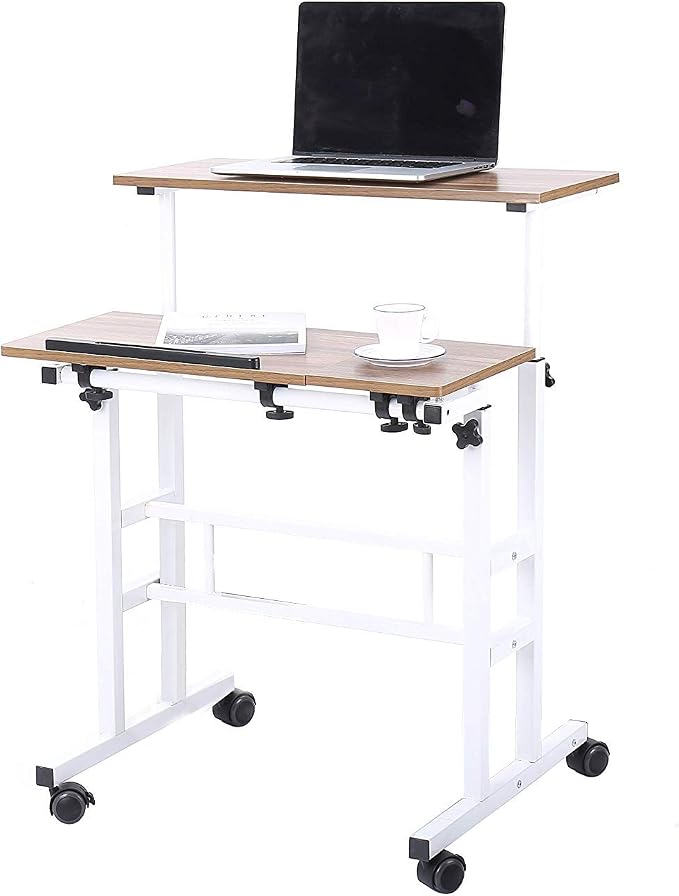 soges Rolling Standing Desk Height Adjustable, 31.5 inch Mobile Stand Up Computer Desk, Sit-Stand Tiltable Top Desk Laptop Stand for Small Spaces, Tall Table for Standing or Sitting, Oak Color