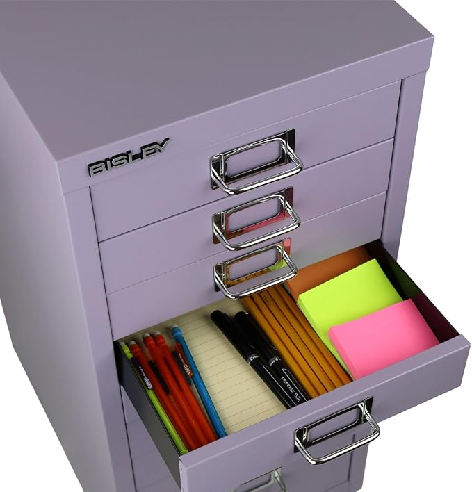 Bisley 10-Drawer Steel MultiDrawer Cabinet - Lilac | Chrome Pull Handles with Label Holders, Powder-Coated Steel, Removable Drawers, Fits Under Most Desks, Labels Included