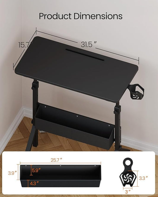 ErGear Mobile Standing Desk with Wheels, Adjustable Height 28.3″ to 46.1″, Rolling Laptop Cart with Cup Holder, Storage Basket, Computer & Pen Slot, Home Office Stand Up Desk, Black (31.5″ x 15.75″)