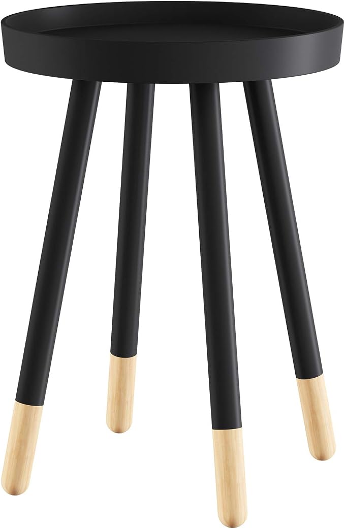 Lavish Home Round End Table – 2-Tone Wooden Mid-Century Modern Stand with Tray Top to Hold Drinks or Display Décor – Accent Table or Nightstand (Black)