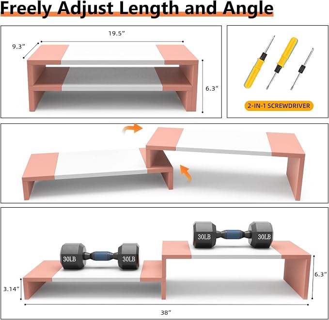 WESTREE Dual Monitor Stand - Monitor Stand Riser - 2 Shelf Computer Monitor Stand with Adjustable Length and Angle, Monitor Stands for 2 Monitors, Desktop Organizer Stand Office Furniture for PC, Computer, Laptop