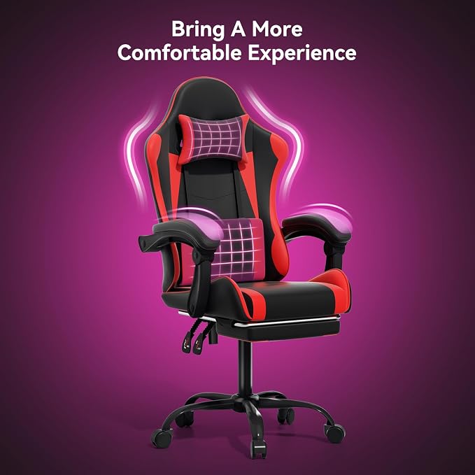 Gaming Chair, Ergonomic Computer Chairs with Arms, Lumbar Support, Footrest, Headrest 360°Swivel Chair, Adjustable Back and Height, Leather PC Chairs for Gaming, Study, Office, Black/Red
