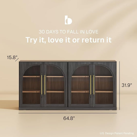 BELLEZE 65" Kitchen Storage Cabinet with Adjustable Shelves, Freestanding Accent Cabinet with Fluted Gold Handles & Arched Design, Modern Credenza for Living Room, Entryway - Ebony