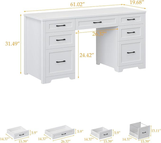 Vabches Farmhouse 61'' Executive Desk with 7 Drawers, Rustic Office Desk Computer Table with File Drawers, Wood Workstation for Study and Home Office, Cream White
