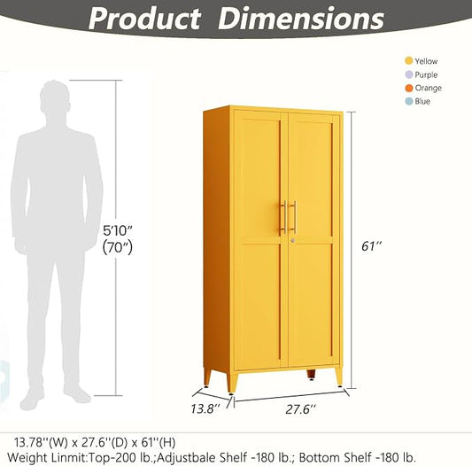 Metal Storage Cabinet with Lock,Yellow Steel Tool Cabinet with 3 Adjustable Shelves,61 Tall Freestanding Heavy Duty Garage Locker for Home Office Kitchen 61" H X 27.6" W X 13.8" D