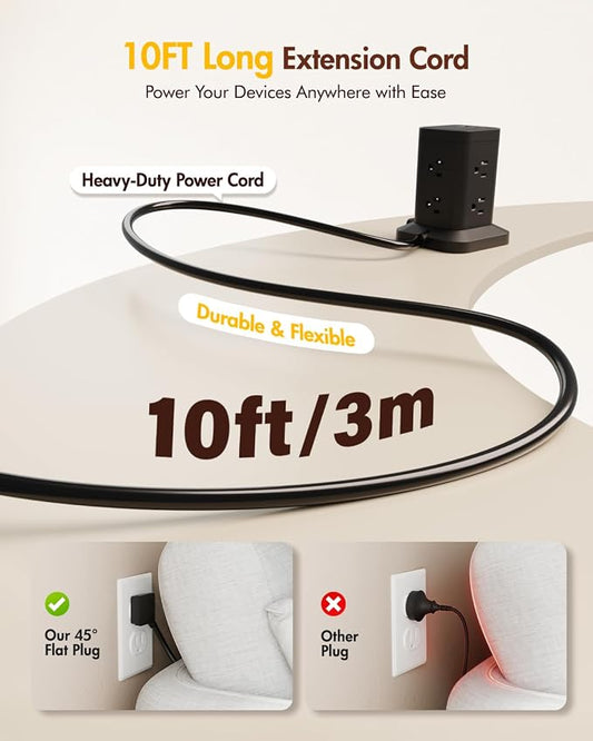 2Pack Power Strip Tower with Surge Protector 1800J, Fast Charging Tower PD20W USB-C Ports with 8 AC Outlets, 10ft Extension Cord for Home Office Dorm Room, Black