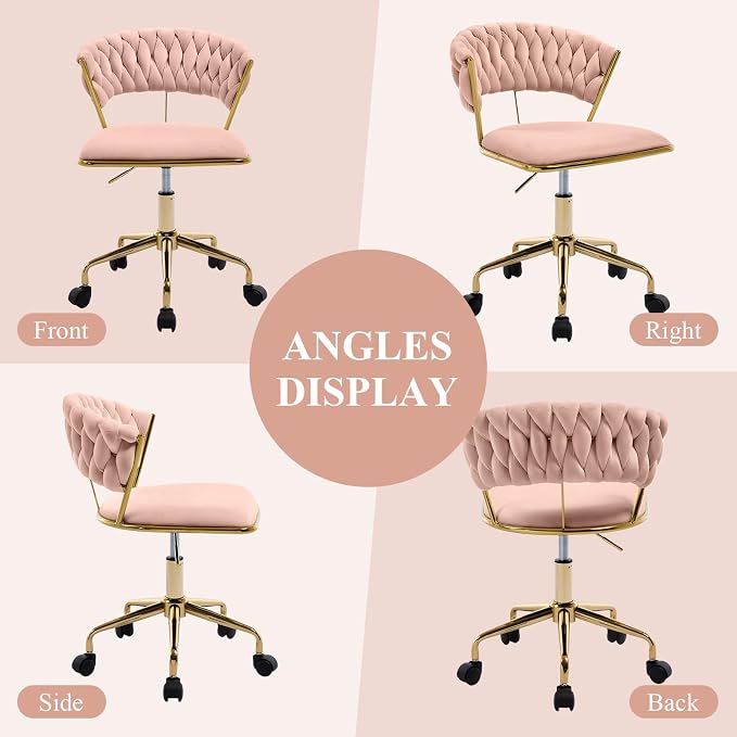 NIOIIKIT Home Office Chair, Velvet Upholstered Task Chair with Woven Open Back, 360° Swivel Desk Chair with Wheels, Adjustable Vanity Chair, Computer Chair for Office, Studio (Pink)
