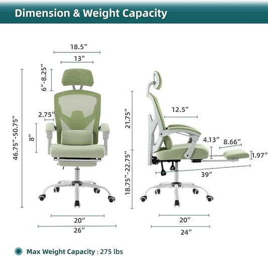 DUMOS Office Desk Computer Chair with Footrest, Ergonomic Mesh Swivel Gaming Chair with Rolling Wheels, Comfortable Headrest, Lumbar Support, Comfy for Home, Office, Task, Student, Elegant Green