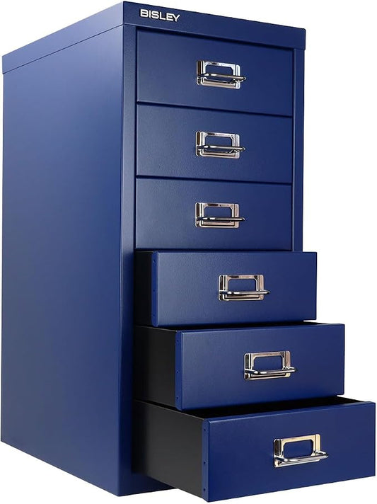 Bisley 6-Drawer Steel MultiDrawer Cabinet - Oxford Blue | Chrome Pull Handles with Label Holders, Powder-Coated Steel, Removable Drawers, Fits Under Most Desks, Labels Included