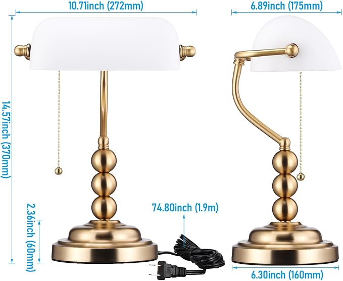 TORCHSTAR Ivory White Glass Bankers Desk Lamp with Pull Chain, E26 Base | Retro Weighted Base, Antique Traditional Library Lamp for Office Study Room, Bulbs not Included