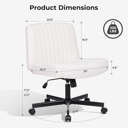 Convertible Base Criss Cross Office Chair with Pocket Springs & Thicker and Wider Cushions, Armless Criss Cross Chair Relieves Back Pain, Swivel Vanity Chair for Living Room/Office, White