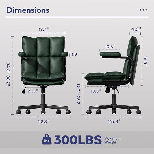 Ollega Mid Century Modern Desk Chair, Vintage Leather Office Chair, Green | Petite Computer Chair for Small to Medium Women, Thickened Back, Cozy Seat, Adjustable Height for Home