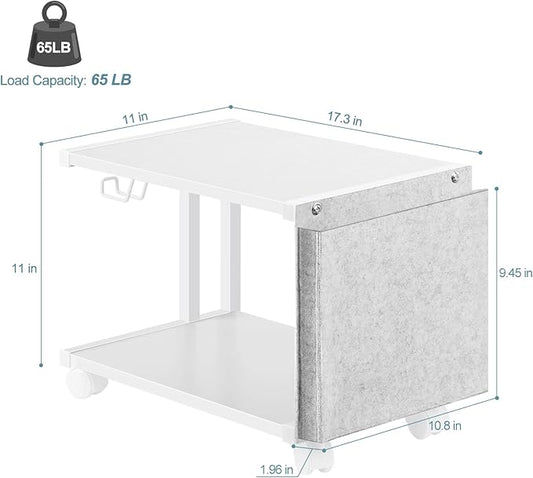 Printer Stand Under Desk Printer Table with Wheels 2 Tier Small Printer Cart with Storage Bag Desktop White Printer Stands for Home Office Fax Machine Scanner Files (White)
