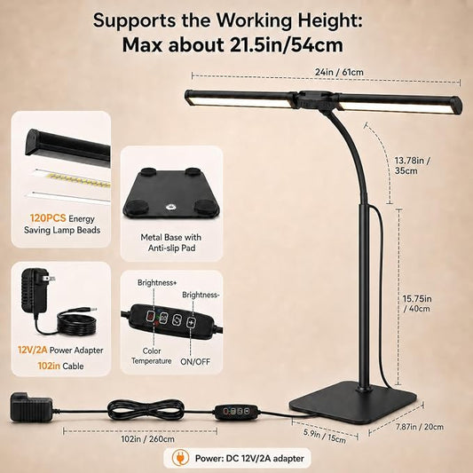 24" Double Head LED Desk Lamp, 15W Wide Architect Desk Light with Base for Home Office, 360° Flexible Gooseneck Task Lamp, 3 Color Modes, 10 Brightness Levels, Memory Function, Black