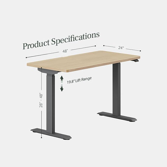 Branch Duo Standing Desk 48 Inches - Adjustable Standing Desk with 20” Range - OLED Control Panel - Frameless Design & Compact Size Suitable for Many Spaces - Charcoal Base - Woodgrain Top