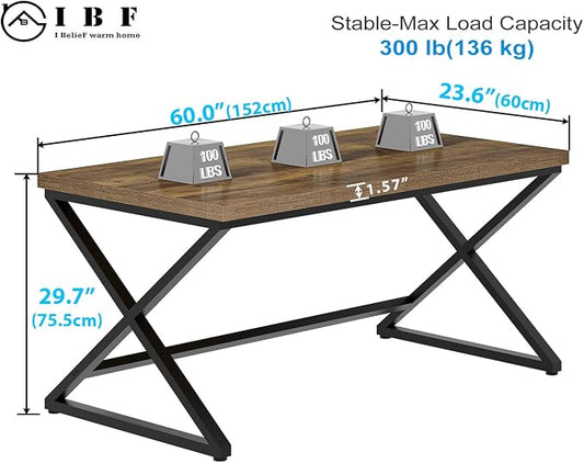 IBF 60” Rustic Computer Desk, Modern Wood Metal Home Office Desk, Farmhouse Work Desk for Writing Study in Bedroom, Minimalist Laptop Executive Workstation Computer Gaming Table, Rustic Oak, 60 in