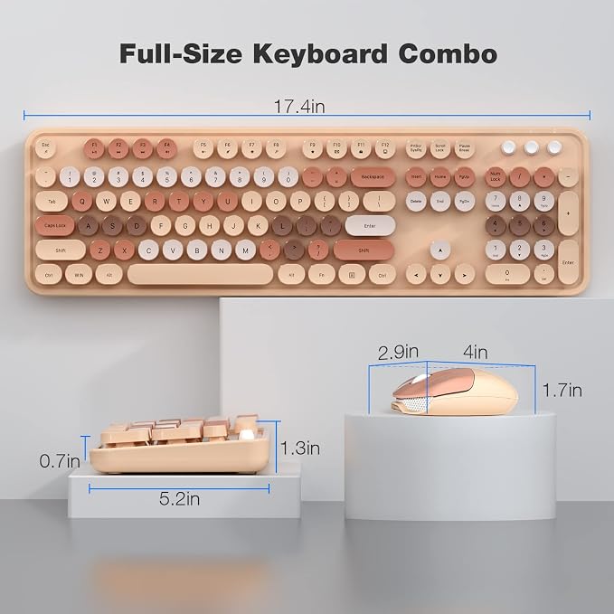 Dilter Wireless Keyboard and Mouse Combo, 104 Keys Full-Sized 2.4 GHz Round Keycap Colorful Keyboards, USB Receiver Plug and Play, for Windows, PC, Laptop, Desktop (Milk Tea)