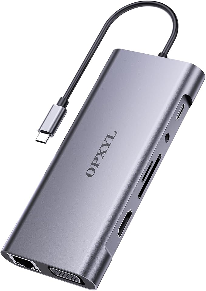 OPXYL 11-in-1 USB C Hub Multiport Adapter, USB C Docking Station with 4K HDMI, VGA 1080P, 100W PD, Ethernet, SD/TF, Audio, USB 3.0 Port, Laptop Dock for MacBook Pro/Air, iPad, Windows
