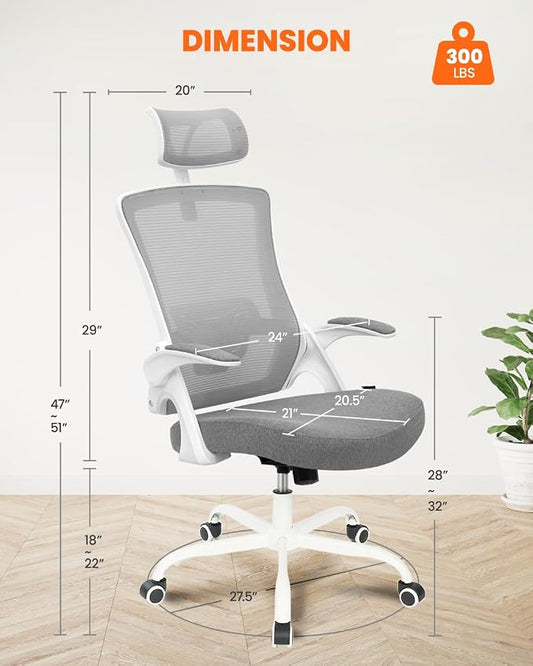 NEO CHAIR Office Chair High Back Desk Mesh Chair Comfy Computer Gaming Seat with Adjustable Ergonomic Headrest Lumbar Rolling Flip-up Armrests and Wheels (Grey)