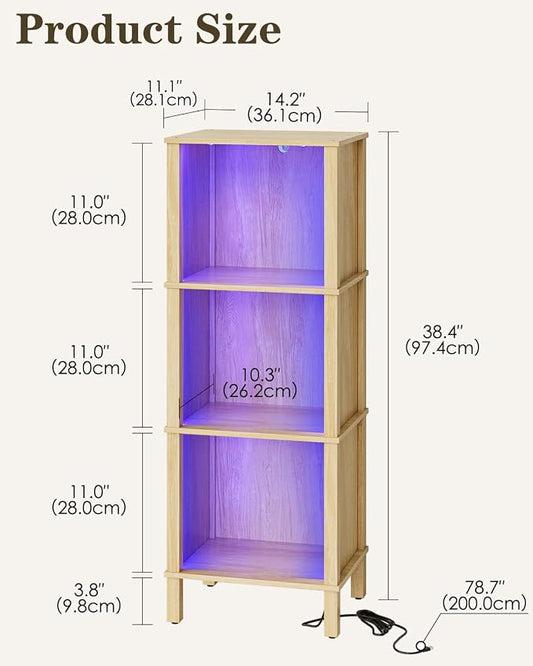 Bookshelf with LED Lights, Modern 3-Tier Bookcase, Open Storage Book Shelf, 11 × 14.2 × 38.9 Inches, Small Narrow Bookshelves for Living Room, Home Office, Bedroom, Natural
