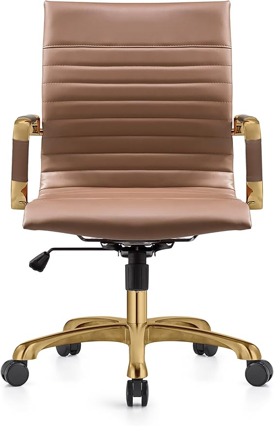 LeisureMod Harris Modern Ergonomic Executive Office Chair, High-Back Leather Conference Desk Chair with Adjustable Height, Tilt Control, 360° Swivel & Gold Frame for Home Office