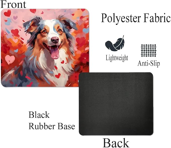 Australian Shepherd Mouse Pad Dog with Red Hearts Pattern Non-Slip Rubber Mouse Pad Puppy in Love Mouse Pad for Home Office Work Desk Computer Desktop Laptop for Dog Lovers