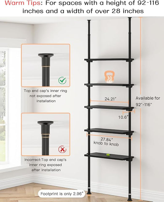 ALLZONE Adjustable Tall Narrow Bookshelf, 5-Tier Floor-to-Ceiling Tension Mount Ladder Book Shelf with Storage for Versatile Uses, Fits 92-116 Inch Ceilings, 27.84-Inch Wide Wood Shelves, Black Relief