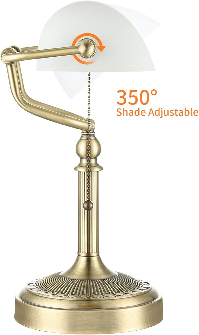 White Matted Glass Bankers Desk Lamp,Plug in | Pull Chain Switch Fixture