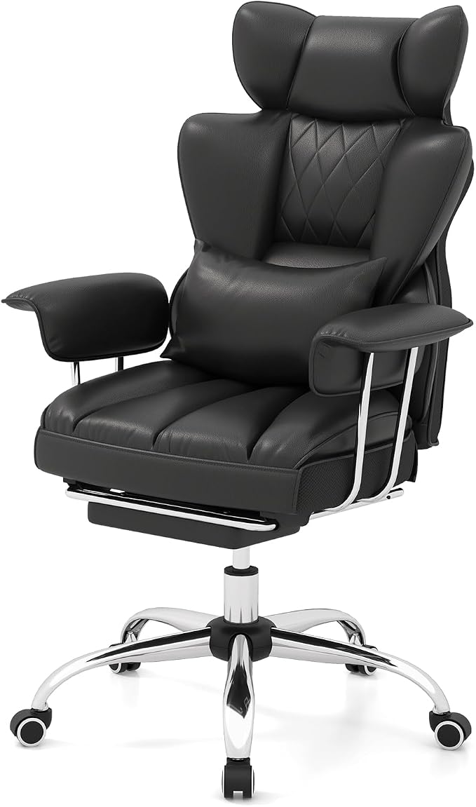 COSTWAY 400 LBS Big and Tall Office Chair, PU Leather Executive Desk Chair w/Retractable Footrest, Reclining Function, Lumbar Support, Ergonomic High Back Home Computer Task Chair (Black)