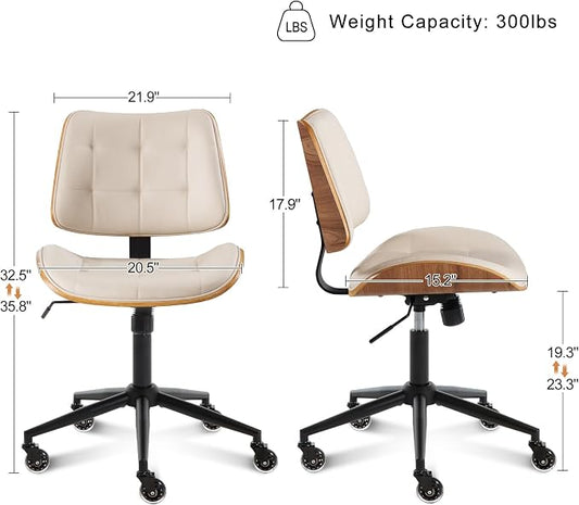BV Armless Office Chair with Rubber Wheels, 360° Swivel Adjustable Task Chair, PU Leather Rolling Desk Chair for Home Office, Study and Conference Room, Beige