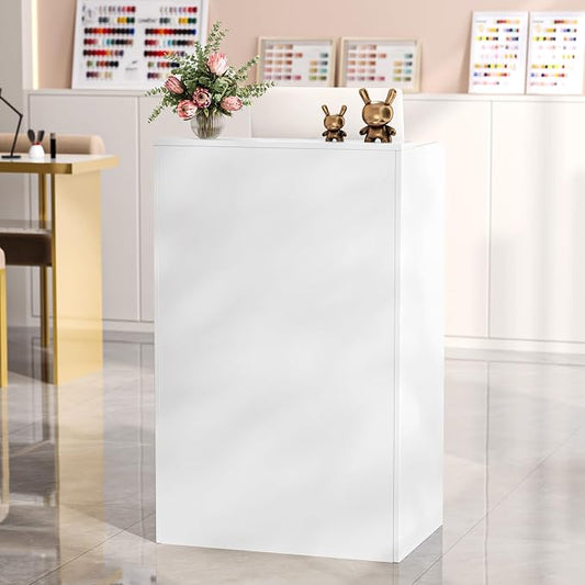 OmySalon Reception Desk with Counter, Small Front Desk w/Lockable Drawer, Wooden Modern Reception Table for Salon Lobby Office Home (White, 24)