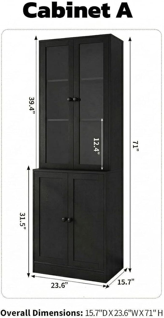TUSY 71'' Bookshelf with Doors - 5 Tier Freestanding Tall Bookcase, Modern Storage Cabinet for Home Office, Curio Cabinets with Glass Door for Living Room, Bedroom (1, Black)