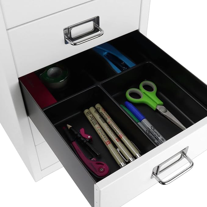 Bisley 6-Drawer Steel MultiDrawer Cabinet - Traffic White | Chrome Pull Handles with Label Holders, Powder-Coated Steel, Removable Drawers, Fits Under Most Desks, Labels Included
